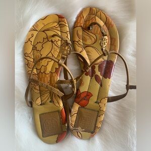 TORY BURCH Floral Sandals - Gold Metal Logo - Yellow Mustard Orange - Size 7.5/8